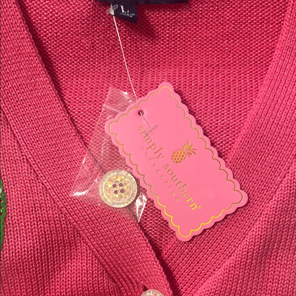 Simply Southern- Sparkly Sequin Pink Cardigan Sweater with Ornaments -Size Large - Picture 7 of 8